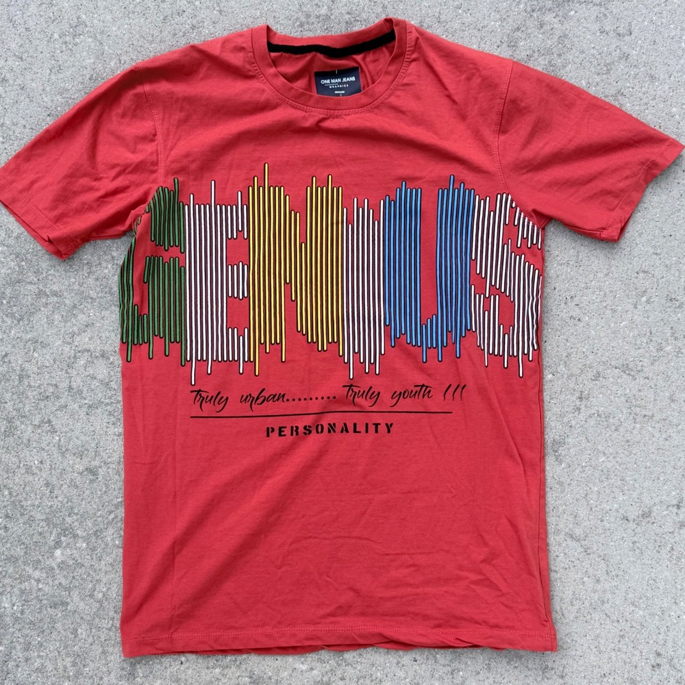 One Man Jeans Graphics Mens Sz M Genius Urban Personality Orange Graphic T-Shirt
